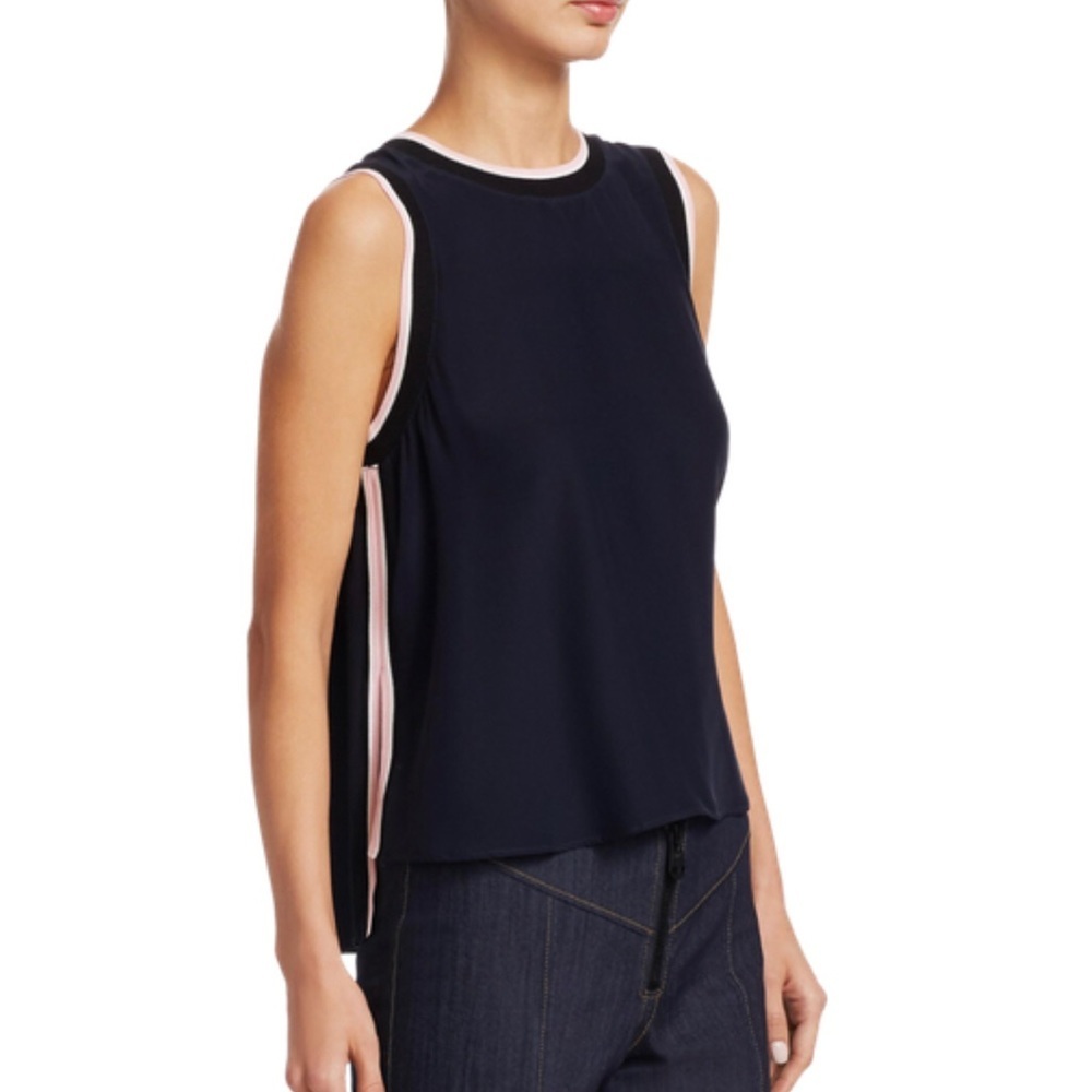 NWT 5o7 Cinq‎ à Sept Navy Blue Sleeveless Top with Pink and White Trim